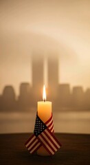 Image of Patriot Day Memorial Candle with American Flag and Twin Towers Silhouette printed on Printed Glass Basin Splashbacks