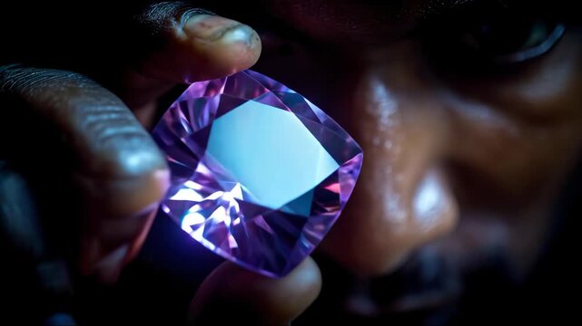AI Empowered Micro Jobs: Expert Appraises Glowing Diamond for Value with Intense Focus and Precision