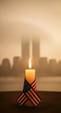 Patriot Day Memorial Candle with American Flag and Twin Towers Silhouette