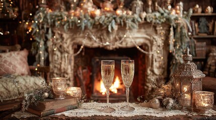 Fototapeta premium Elegant holiday fireplace decorated with garlands and candles, two champagne glasses on lace tablecloth creating cozy festive winter celebration atmosphere