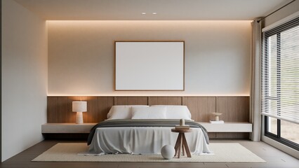 Modern Minimalist Japandi Bedroom Interior Frame Poster Mockup