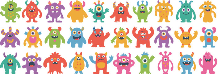 Colorful cartoon monster collection, cute fantasy creatures, kids sticker set, playful alien characters, fun Halloween monsters, vibrant vector illustration