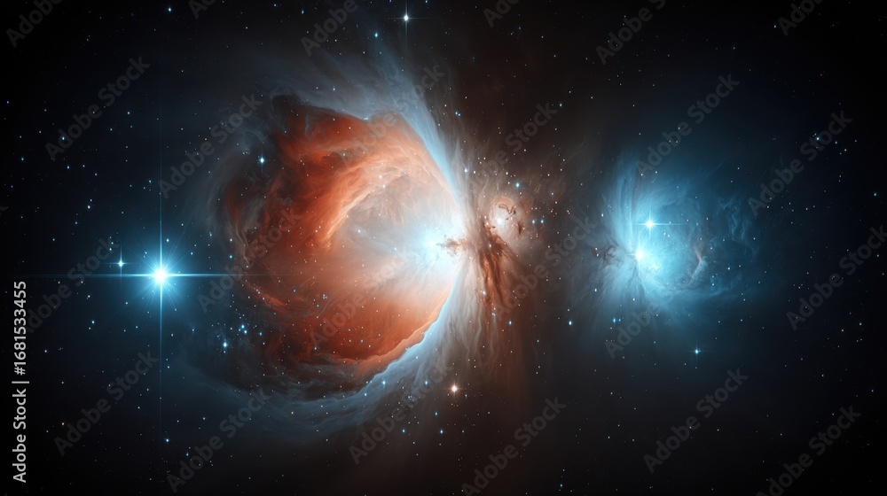 Poster dramatic wide angle of orion nebula in deep space with star clusters and colorful gas clouds for sci
