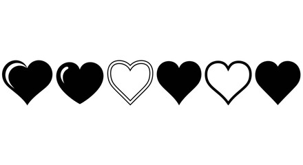 Collection of heart icons in various styles, including solid filled, outlined, and negative space designs, perfect for graphic design projects, romantic themes, and user interface elements