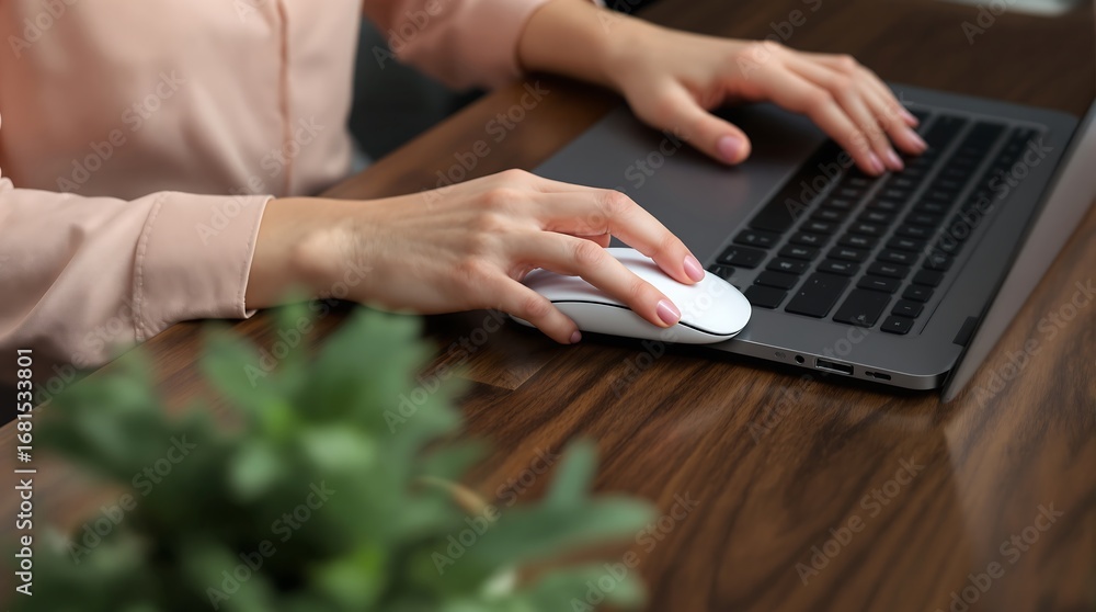 Aufkleber woman using laptop computer with wireless mouse on desk for remote work and online business tasks