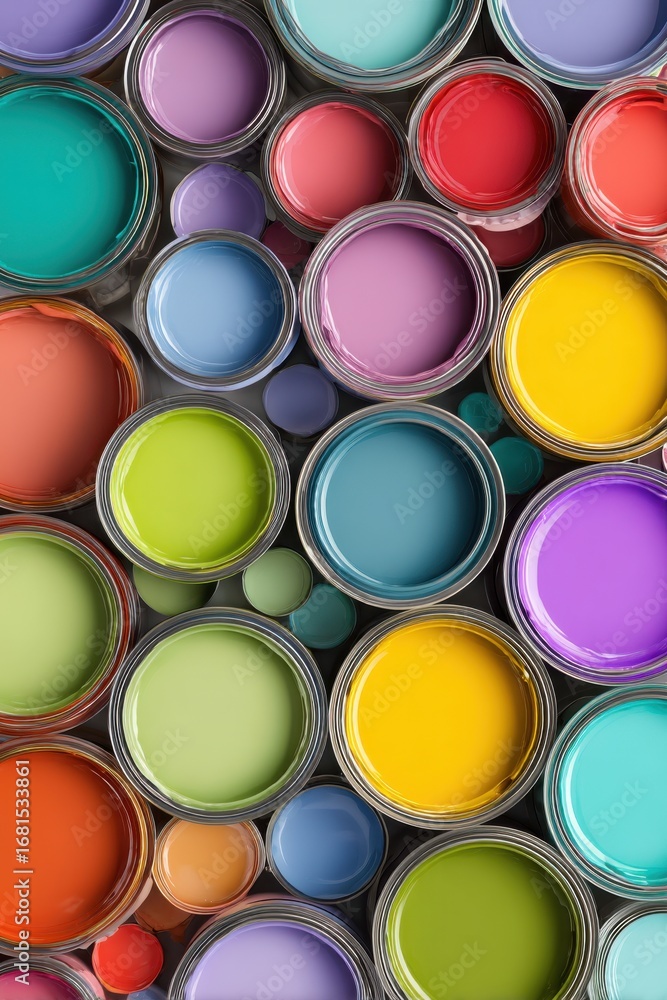 Poster overhead view of vibrant paint cans arranged in colorful pattern for artistic diy home improvement p