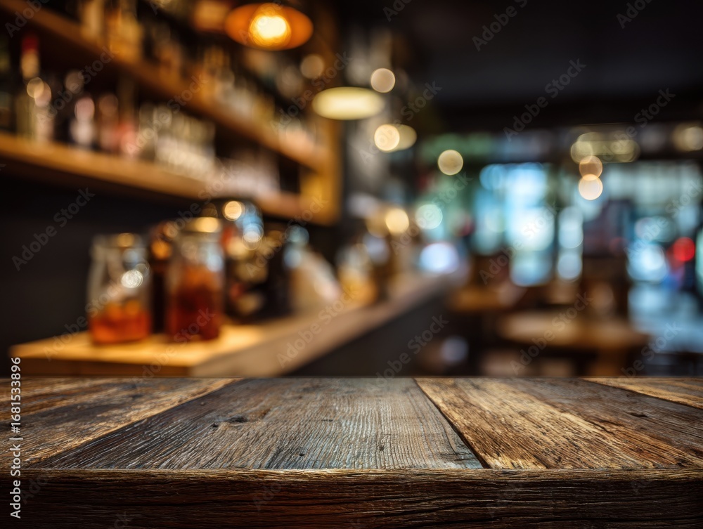 Poster rustic wooden table in a blurred bar setting showcasing drinks and shelves with warm lighting and a 