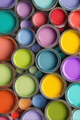 Fototapeta premium Overhead view of vibrant paint cans arranged in colorful pattern for artistic DIY home improvement projects and creative design concepts