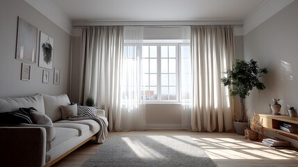 A minimalist living room filled with natural light, showcasing lightweight white curtains framing a wide window, with sunlight casting soft shadows across the neutral-toned walls.