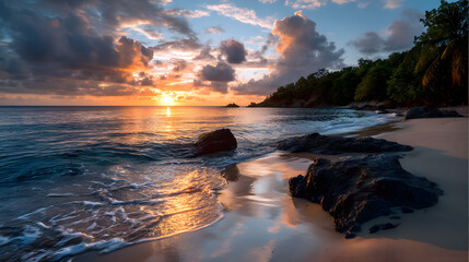 Obraz premium A tropical beach bathed in golden light from the sunet, with calm ocean watersreflecting the colors of te sky.