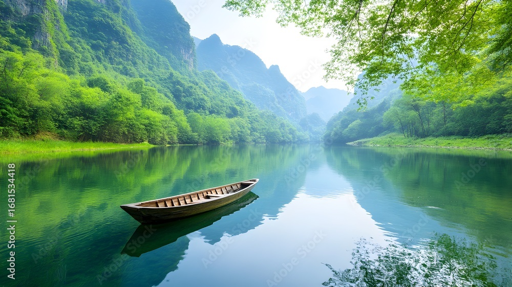 Poster a boat is floating on a lake with trees in the background
