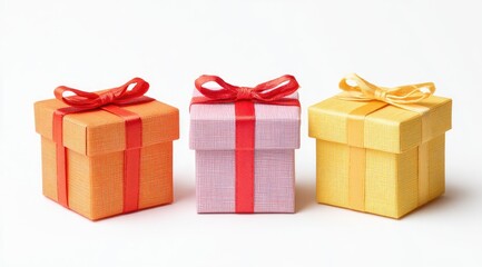 Fototapeta premium Three small gift boxes, various pastel colors, red ribbons, lined with satin effect, against a white background