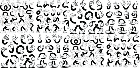Retro cartoon legs and hands, Hands with gloves and feet with boots, various poses for characters, a set of poses, gestures, placement of hands and feet. Mascot character set. Cartoon set of limbs.eps