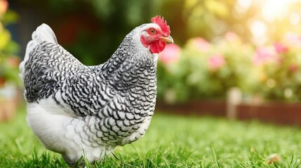Barred Plymouth Rock hen standing on green grass in a backyard garden with flowers in the background eye level shot