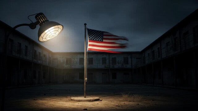 American flag illuminated by lamp in courtyard at night. Symbol of the USA, set in architecture with dark sky. Patriotism concept.