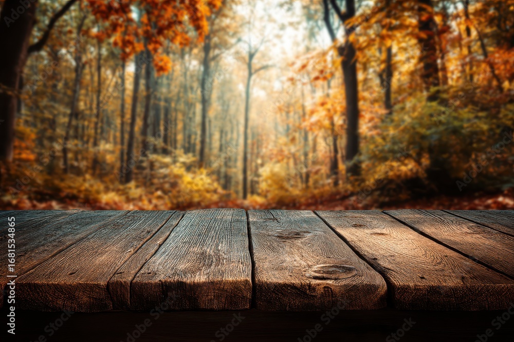 Poster rustic wood table overlooking a blurred autumn forest scene with vibrant fall foliage and soft sunli