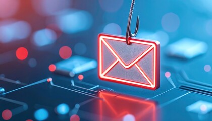 An email icon caught on a fishing hook over a circuit board