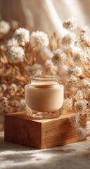 Cream jar on wooden pedestal, surrounded by dried flowers