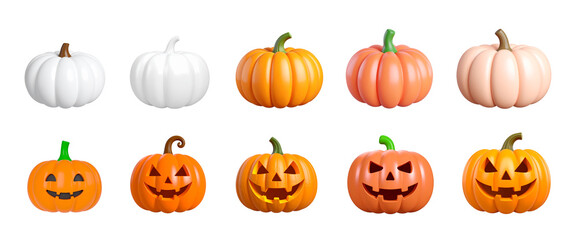 Set of Halloween clipart elements such pumpkin different colors and designs isolated. 3d rendering. PNG with transparent background