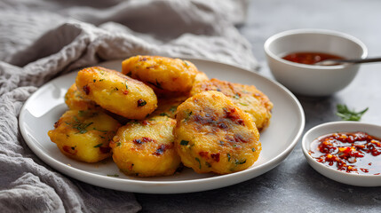 North African maakouda potato fritters with dipping sauce