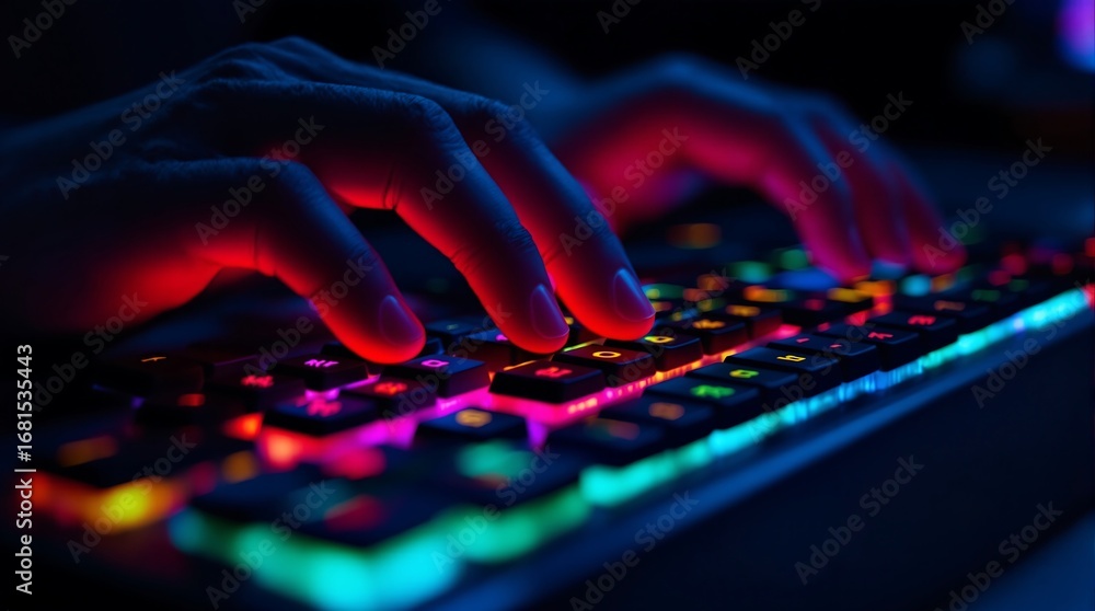 Aufkleber typing on rgb gaming keyboard hands close up for gamer streamer esports tournament and coding concep