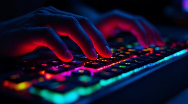 Typing on rgb gaming keyboard hands close up for gamer streamer esports tournament and coding concept
