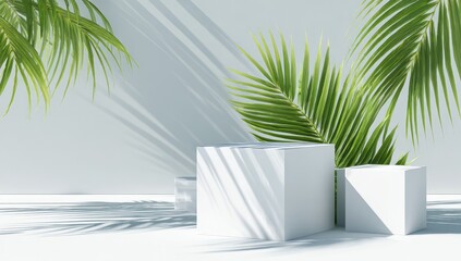 Two white cube podiums, bathed in sunlight, with tropical palm fronds casting shadows