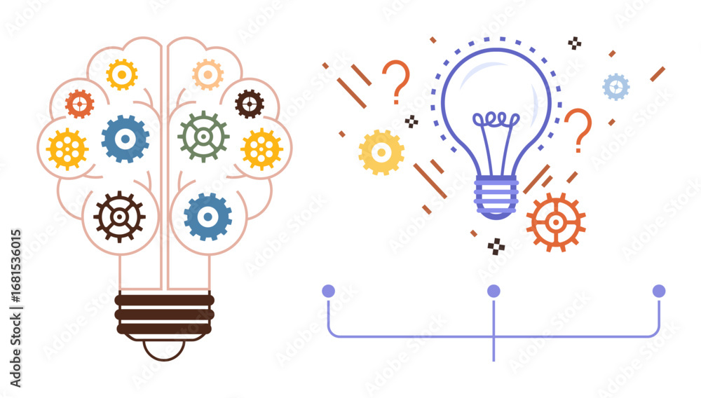 Poster light bulb and brain formed by colorful gears, surrounded by question marks and dotted lines. ideal 