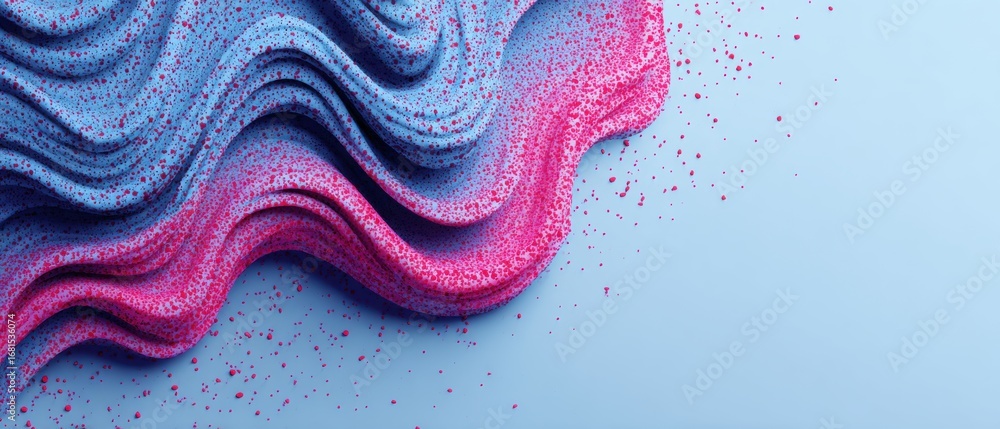 Poster abstract wavy formations in blue and pink with speckled texture studio shot for background or design