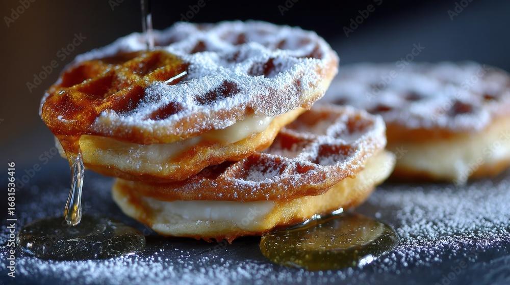 Aufkleber close-up of stacked waffles being drizzled with syrup and topped with powdered sugar on a dark surfa