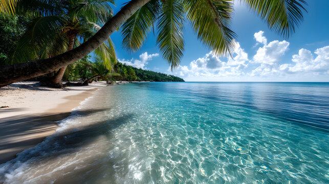 A tropical paradise with clear turquoise waters, sof sand, and palm trees genty swaying along the shorelne.