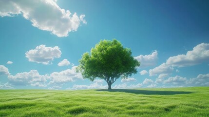 Fototapeta premium Green tree on grassy hill, sunny day, nature scene, stock photo