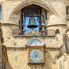Clock and sundial of La Grosse Cloche, an ancient gate in the center of Bordeaux, France