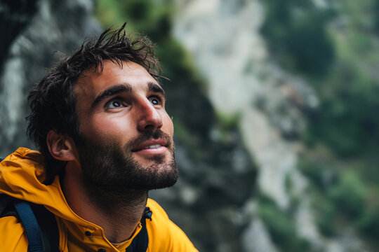 Generative AI image of a smiling person enjoying extreme bungee jumping adventure with scenic mountain landscape behind