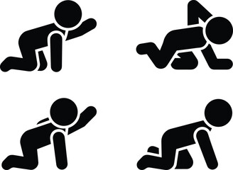 Baby crawling stages, infant development icons, child crawling silhouette, early movement milestones, toddler growth illustrations, black baby figures, progress concep