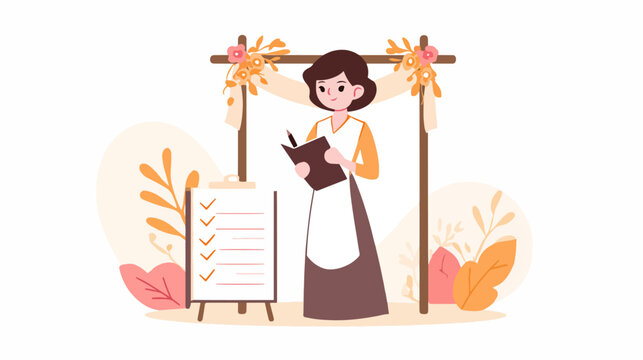 Woman planning event under floral archway - Powered by Adobe