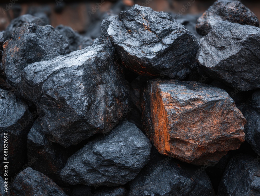 Poster heap of coal close up still life showing texture and color variations energy resource concept dark b