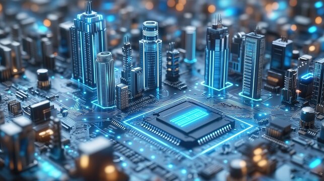 Futuristic Cityscape With Skyscrapers On Circuit Board