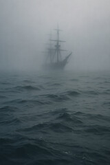 Fototapeta premium A silhouette of a tall ship emerges mysteriously from dense fog on the open sea, creating a sense of isolation and historical adventure.