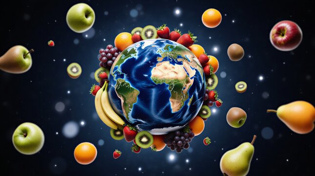 assorted fruits surrounding Earth globe on vibrant blue background | food & nutrition, sustainability, eco-friendly, global health, environmental awareness theme