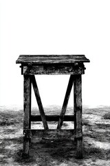 Rustic Sawhorse Still Life Black and White Photography Minimalist Composition Outdoors on Dirt Ground