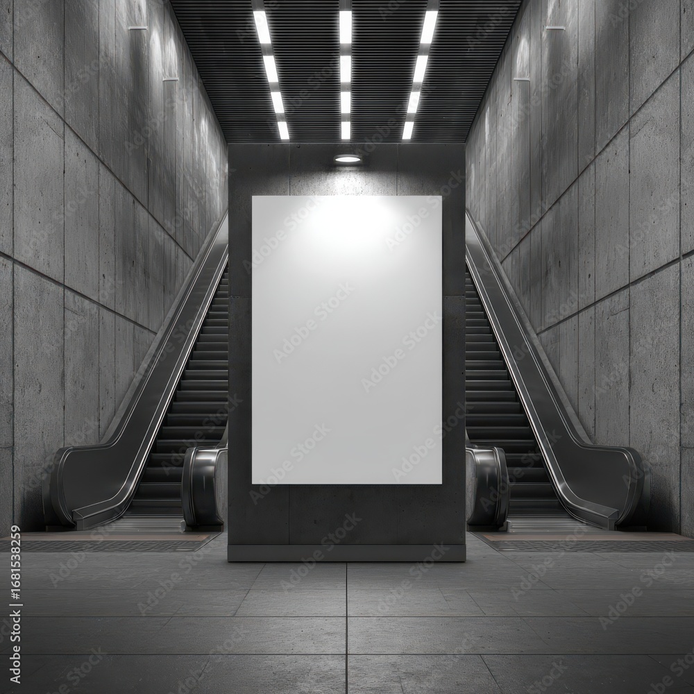 Poster blank ad space at subway station with escalators; eye-level view of a modern urban scene with a whit
