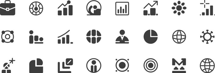 Business and analytics icon set, growth and data visualization symbols, statistics and globe vector, pie charts and performance graphics