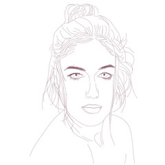 A minimalist line drawing portrait of a woman with her hair in a messy bun. The intricate lines capture her facial features and strands of her hair.