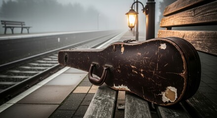 Fototapeta premium Old worn guitar case on a bench at a foggy train station platform