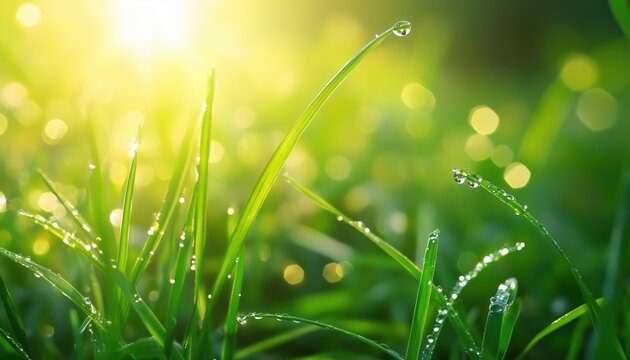 Stunning Water Droplets Sparkling On Sunlit Grass: Macro Shot Of Fresh Green Dew With Copy Space For Dreamy Nature Lovers - Powered by Adobe