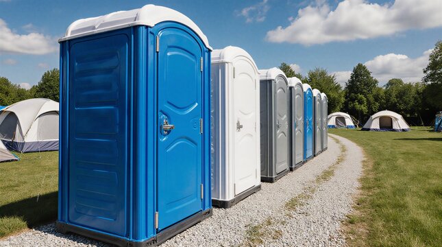 row of portable toilets under sunny sky at outdoor event | event, camping, public space, outdoor, sanitation theme