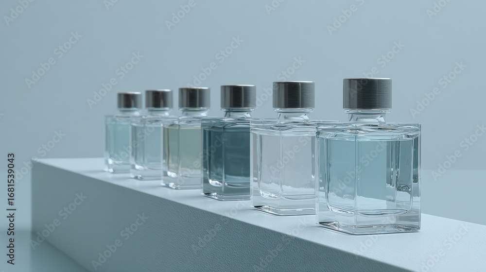 Poster elegant display of various glass perfume bottles arranged on a sleek surface in a modern setting