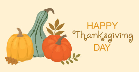 Happy Thanksgiving Day cozy horizontal banner with pumpkins and fall leaves. Seasonal harvest holiday card. 