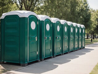 row of green portable restrooms for outdoor events | outdoor, events, facilities, restrooms, campgrounds theme